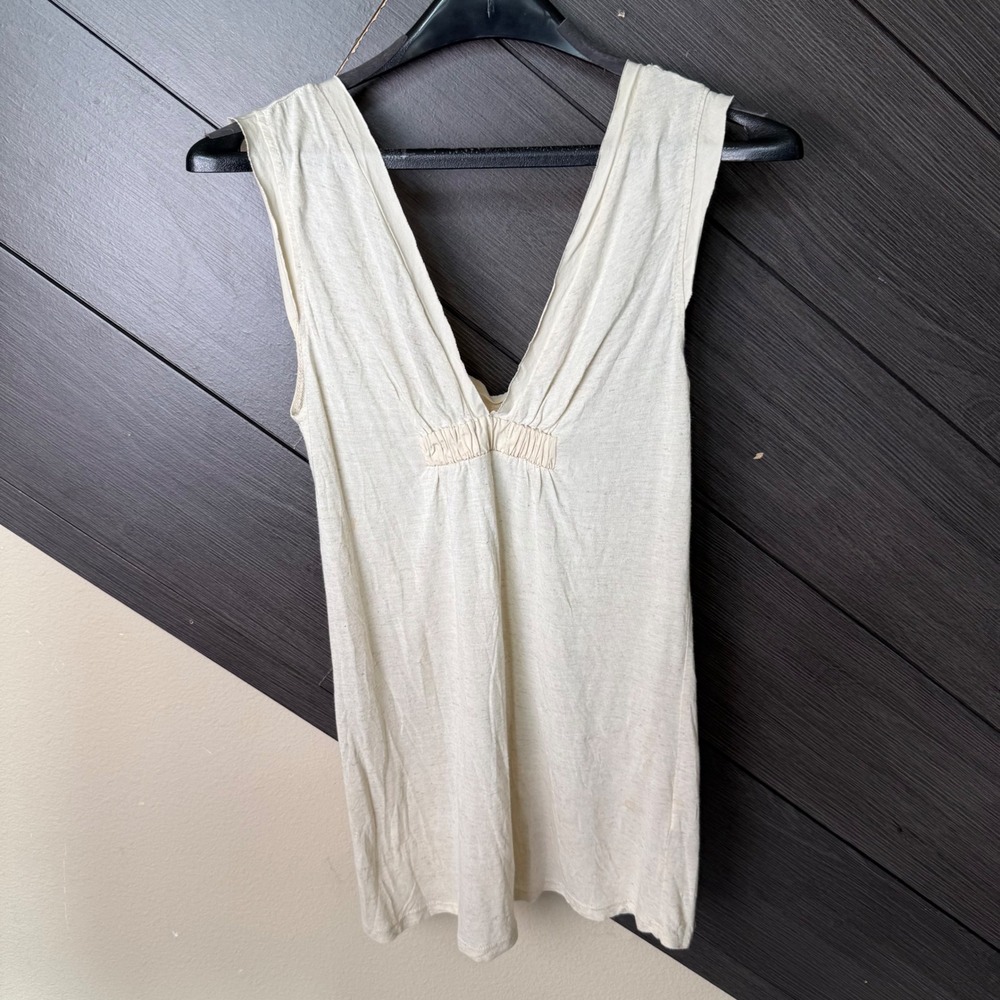 Lux Women's Medium Linen Blend Deep V Neck Tunic Top Oatmeal Boho USA Made